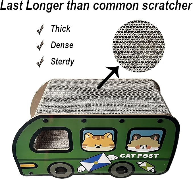 Cat Scratching House, Cat Cardboard House Green Bus, Long Scratching Post, 9x11.8x22 Inches, Fun Cube & Tunnel, Peekaboo Hideaway for Indoor Cats