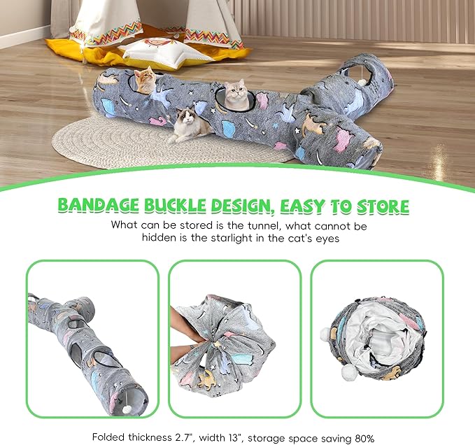 Cat Tunnel for Indoor Cats,Tree Trunk Cat Tunnels with Plush Ball Toys Collapsible,Stars, Moon Shape Self-Luminous, for Indoor Cats,Pets Bunny Rabbits, Kittens, Ferrets