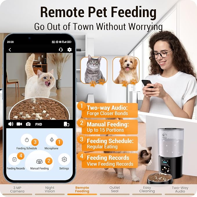 Automatic Cat Feeder with 2K HD Camera: 5G WiFi Automatic Dog Feeder with Sealed Outlet,Cat Food Dispenser with Freshness for Multiple Pets,Detachable for Easy Clean-21 Cup (5L Food Storage)