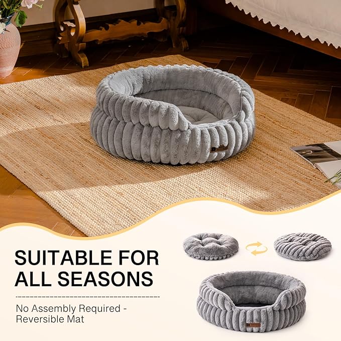 MEWOOFUN Washable Small Dog Bed, Cat Beds for Indoor Cats with Anti-Slip Bottom, Round Pet Bed for Puppy and Kitten (Grey, 24"x24"x9")