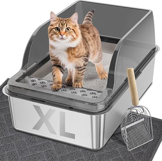 UPSKY Stainless Steel Cat Litter Box with Lid, XL Large Metal Litter Box for Large Breeds, Enclosed Kitty Litter Pan with High Sides, Leak-Proof & Non-Stick, Easy to Clean, Scoop and Mat Included
