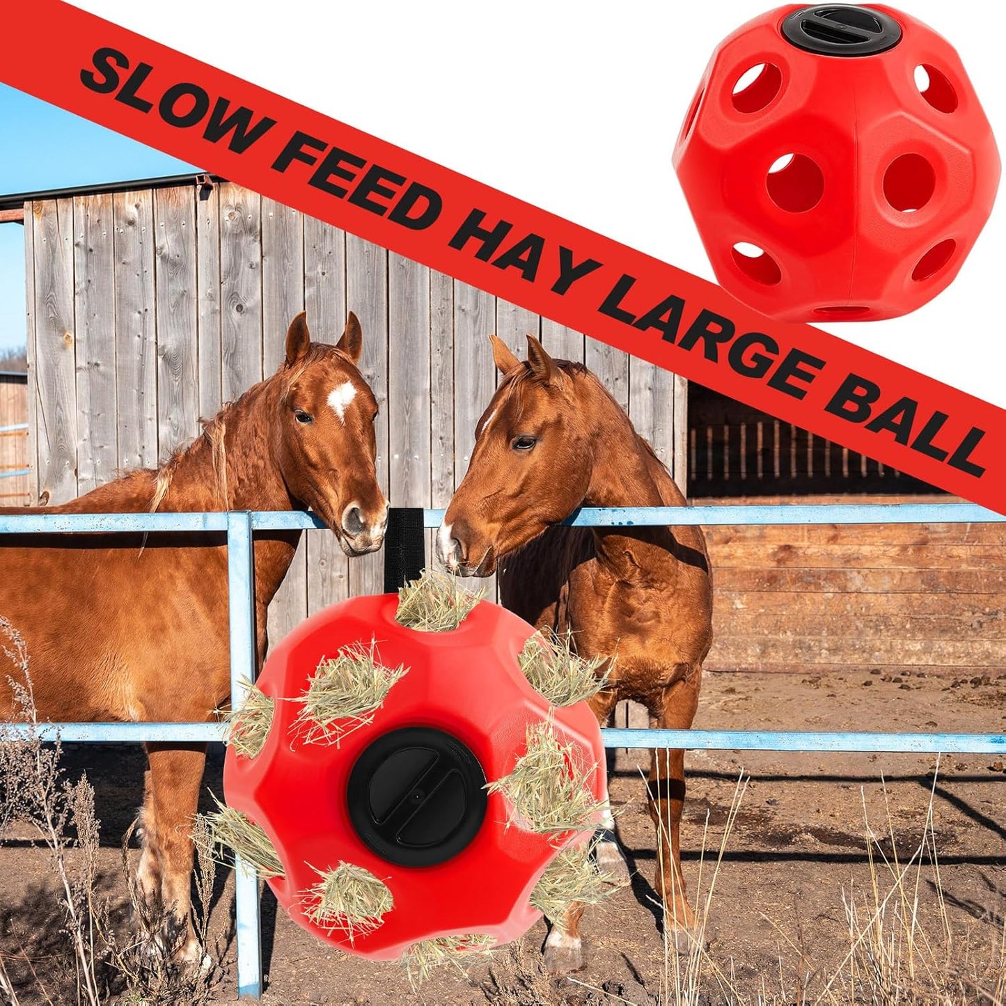 15.75" Hay Ball for Horse with Hanging Strap Slow Feed Horse Treat Ball Extra Large Hanging for Paddock Stall Stable Supplies(Red)