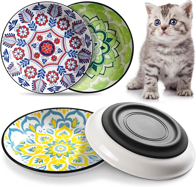 Non-Slip Cat Bowl,Ceramic Cat Food Bowls with Silicone Bottom, Anti-Whisker Fatigue Cats Dishes Set, Shallow & Wide Kitten Plates for Food and Water, 4 Pack