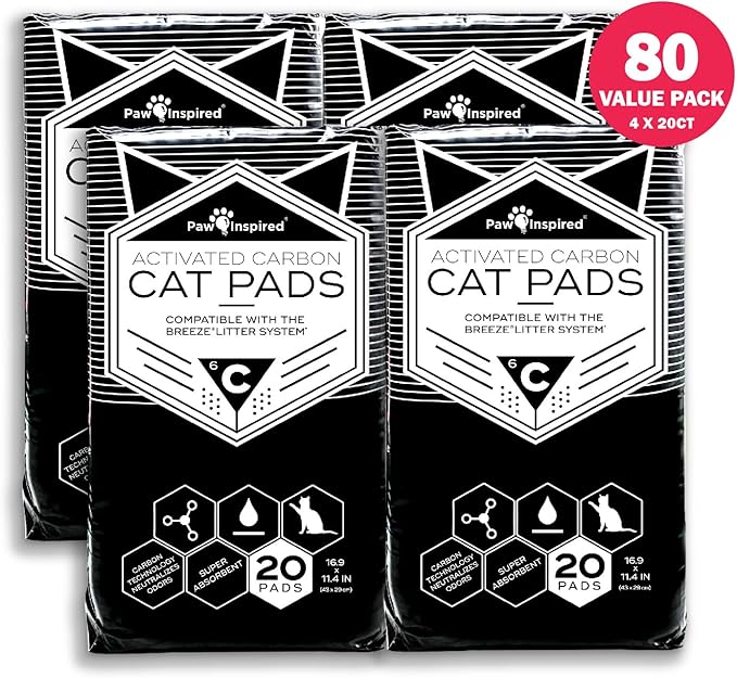 Paw Inspired Cat Pads, Generic Refills for Tidy Cats Breeze Litter Box System, Disposable Kitty Litter Liners for Easy Cleaning, Super Absorbent Pee Pads, 16.9 x 11.4 Inch (Carbon, 80 Count)