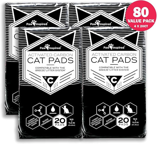 Paw Inspired Cat Pads, Generic Refills for Tidy Cats Breeze Litter Box System, Disposable Kitty Litter Liners for Easy Cleaning, Super Absorbent Pee Pads, 16.9 x 11.4 Inch (Carbon, 80 Count)
