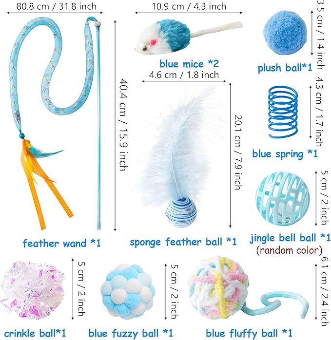 MALLMALL6 11Pc Cat Toy Set - Interactive Pack with Foldable Tunnel, Feather Teaser Wand, Springs, Mice, Crinkle Balls & Pet Bell Balls - Puzzle Toys for Indoor Cats - Gift (Blue)