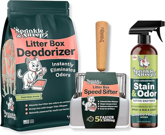 Sprinkle & Sweep Litter Box Deodorizer - Cat Litter Deodorizer Non Toxic and Safe for Kittens - Instantly Eliminates Foul Smells and Urine Odors (Bag, Sifter & Spray)
