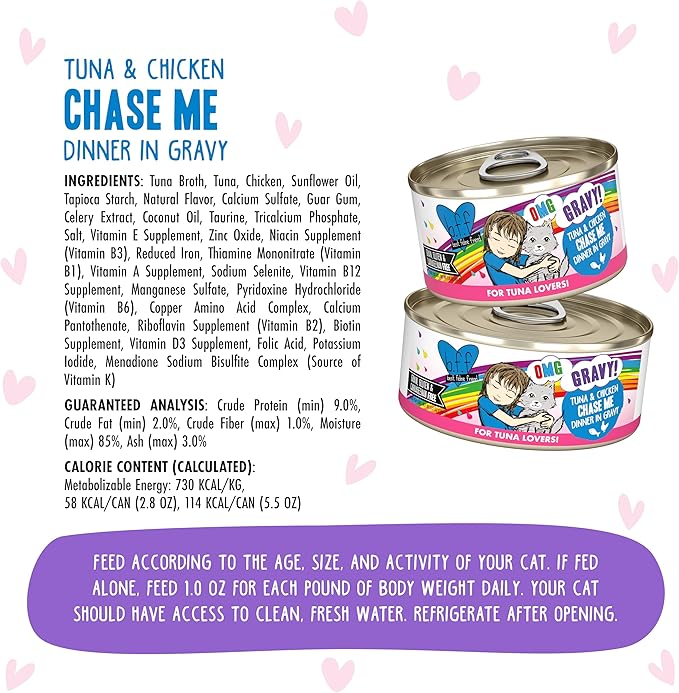 Weruva B.F.F. OMG - Best Feline Friend Oh My Gravy!, Tuna & Chicken Chase Me with Tuna & Chicken, 5.5oz Can (Pack of 8)