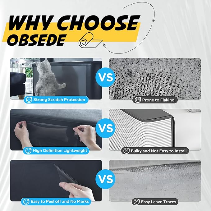 OBSEDE Cat Scratch Furniture Protector (2 Rolls, 11.8"x196.8") – Thick 0.2mm Clear Guard, Deterrent Training Tape for Couch, Sofa, Wood, Cut-to-Fit, Residue-Free