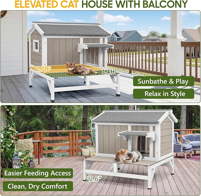 Cat Houses for Outdoor Cats with Balcony Weatherproof Outside Feral Cat Shelter, Wooden Pet House with Raised Base and Openable Asphalt Roof for Cats and Small Animals