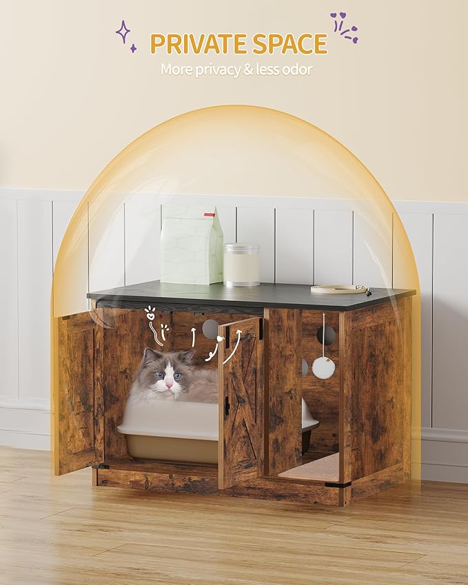 Cat Litter Box Enclosure, Hidden Litter Box Cabinet Furniture with Bell, Indoor Cat House, Farmhouse Style, 31.5 x 19.7 x 20.9Inches, for Hallway, Bedroom, Rustic Brown and Black CB82401X
