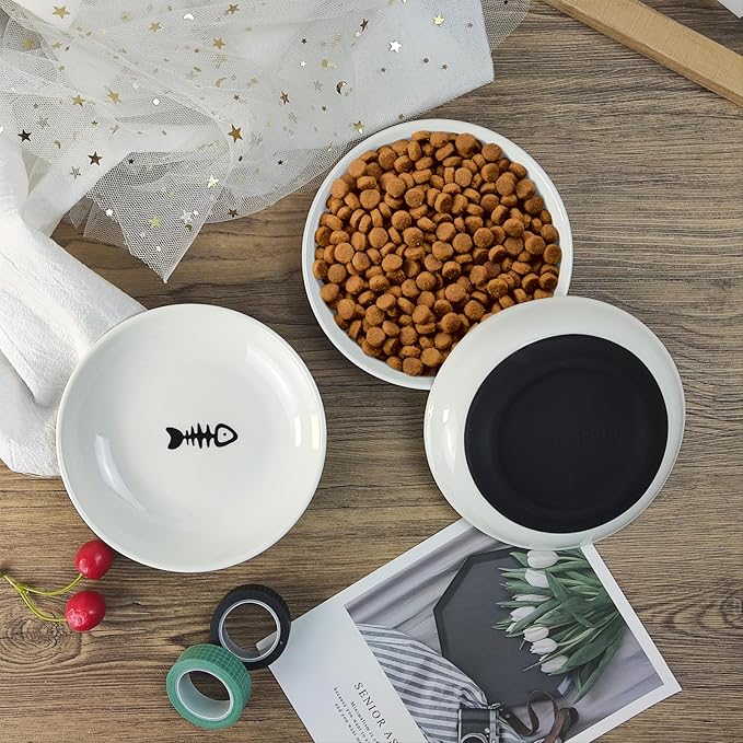 3Pcs Cat Food Bowls, Ceramic Cat Food Bowls with Nonslip Silicone Bottom, Anti Whisker Fatigue Cat Plates for Indoor Cats, Ceramic Pet Bowl with Wide Shallow Kitten Dishes for Dry and Wet Food