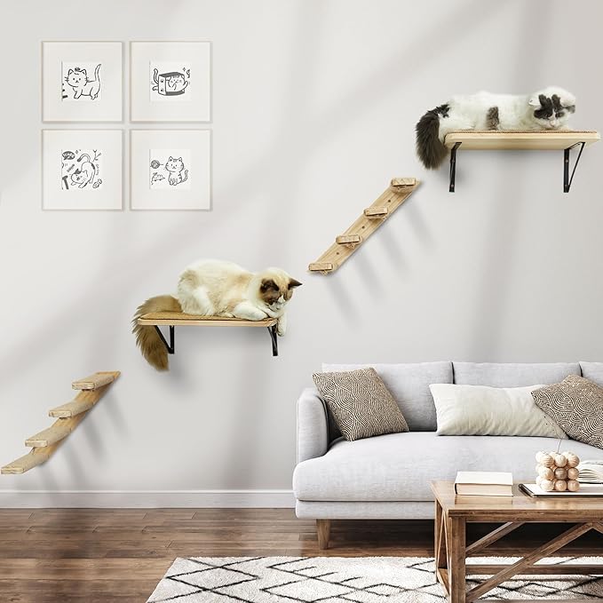 Cat Climbing Shelves Wall Mounted 2PCS Four Steps Reversible Left & Right Direction, Cat Shelf Stairway for Wall with Jute Scratching Ladder Shelves Pet Furniture for Perch Sleeping