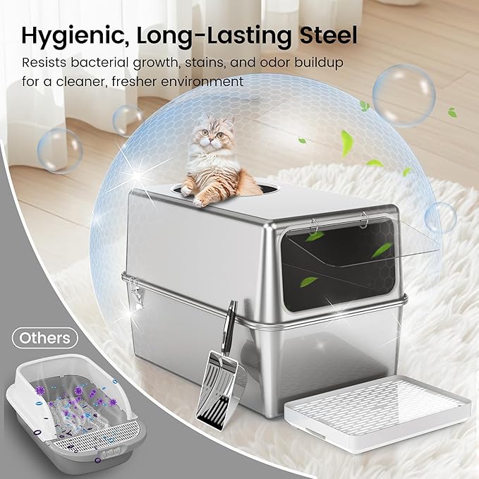 Stainless Steel Litter Box with Lid, Enclosed Metal with High Sides, Large Cat Litter Box, Dog-Proof, Odor Control, Easy to Clean,Durable with Round Edge (Frontal Opening)