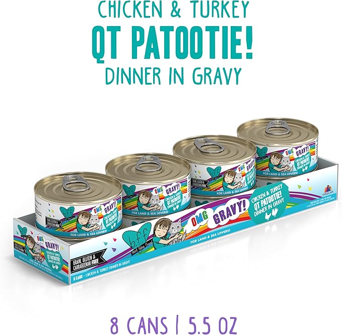 Weruva B.F.F. OMG - Best Feline Friend Oh My Gravy!, QT Patootie! with Chicken & Turkey in Gravy Cat Food, 5.5oz Can (Pack of 8)