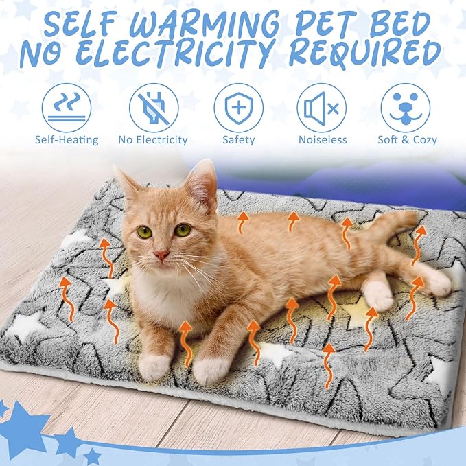 2 Pack Self Warming Cat Mat Self Heating Pad Bed Reversible Machine Washable Reflects Body Heat Warm Thermal Pet Pad Crate Blanket for Feral and Indoor Cat(Double Star,22'' X 18'')