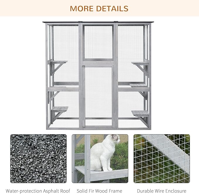PawHut Outdoor Cat House Big Catio Wooden Feral Cat Shelter Enclosure with Large Spacious Interior, 6 High Ledges, Weather Protection Asphalt Roof, 71" L, Grey
