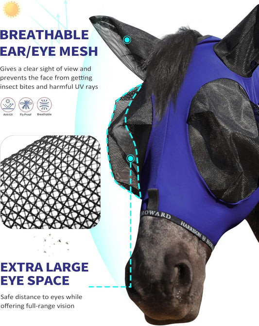 Harrison Howard Horse Fly Mask with Forelock Opening Stretch Breathable and Comfortable for Horses UV -Protection Navy L
