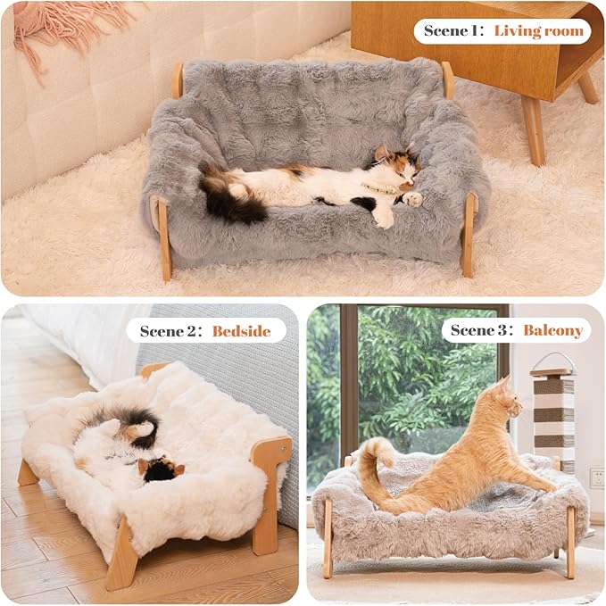 Elevated Cat Couch Bed for Indoor Cats, Wooden Cat Sofa with Removable Washable Fluffy Cover Raised Kitty Lounge Chair Suitable for Puppy(Cat Sofa Khaki)