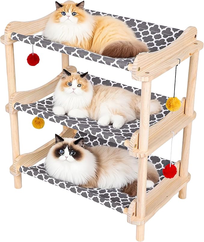 Large 3-Layer Cat Hammock Bed, 24"x15.7"x26.8" Elevated Cat Bed with Pine Wood Frame, Breathable Washable Covers, Wooden Pet Furniture for Indoor Cats and Small Animals(Grey, 3-Tier)