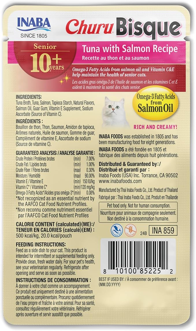 INABA Churu Bisque for Cats Senior 10+, Creamy Purée Side Dish Pouch, 1.4 Ounces per Pouch, 12 Pouches Total, Tuna with Salmon Recipe