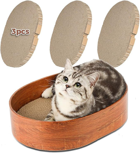 3 Pcs Cat Scratching Board with Box, 2 in 1 Cardboard Cat Scratchers Bed for Indoor Cats, Round Scratch Bowl with Thicker Double-Sided Pad for Cats' Scratch Need