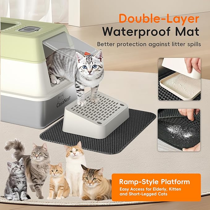 XL Extra Large Stainless Steel Cat Litter Box with Lid, 3-in-1 Enclosed/Open, Durable Metal Litter Box for Big, Multi Cats, Non-Stick, Odor Control, Easy Cleaning, Durable ABS Lid, Green