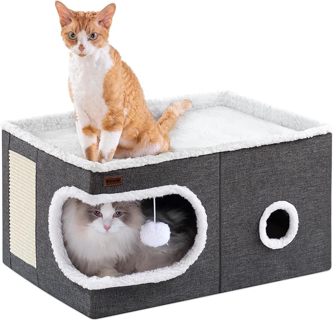 Cat Bed for Indoor Cats Cube House, Covered Cat Cave Beds & Furniture with Scratch Pad and Hideaway Tent, Cute Modern Cat Condo for Multi Small Pet Large Kitten Kitty, Large, Dark Grey