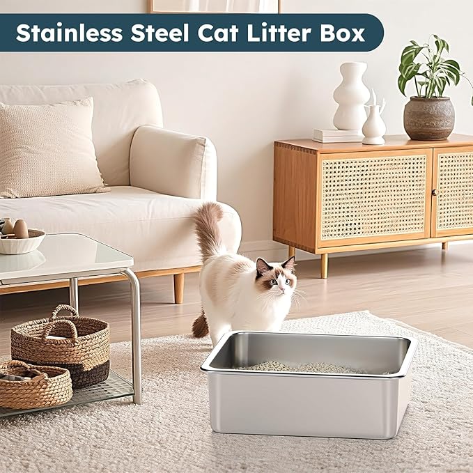 2 Pack Stainless Steel Cat Litter Box - Metal High-Sided Litter Pan for Cats, Rabbits, and Pets, Non-Stick, Odor-Free, Easy to Clean, Splash-Proof, Sturdy and Durable Indoor Cat Toilet Supplies