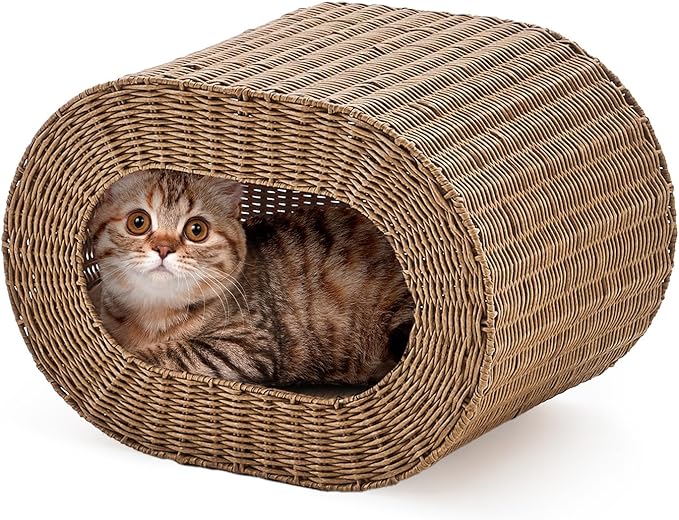 Cat House,Handwoven Cat Cave Pet Cube, Rattan Cat Beds Indoor Kitten House with Double-Sided Soft Cushions, Pet Cat House for Multiple Cats, for Living Room Bedroom