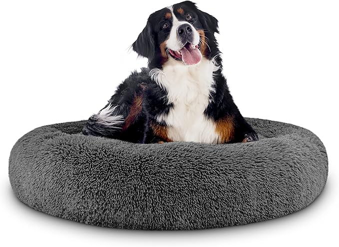 The Dog’s Bed Sound Sleep Donut Dog Bed, XL Steel Grey Fur Calming Nest Bed Removable Cover, Veterinary Approved
