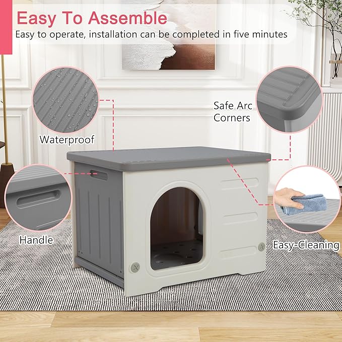 Plastic Cat House for Outdoor Indoor, Waterproof Outdoor Cat House with Escape Door for Feral Cats Outside Cat Shelter for Small Pet, Spacious, Assemble Easily -Grey