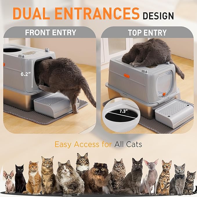 Citylife Stainless Steel Cat Litter Box with Lid, Front & Top Entry Extra Large Metal Kitty Litter Box Enclosure with Scoop & Double Layer Mat, Anti-Leakage, Non-Sticky, Light Grey