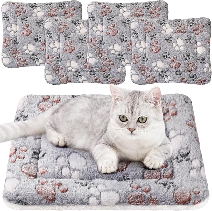 4 Pack Ultra Soft Dog Cat Bed Mat with Cute Prints Reversible Fleece Dog Crate Kennel Pad Cozy Washable Thickened Hamster Guinea Pig Pet Bed Mat for Small Animals(13 x 19 Inches,Light Gray)