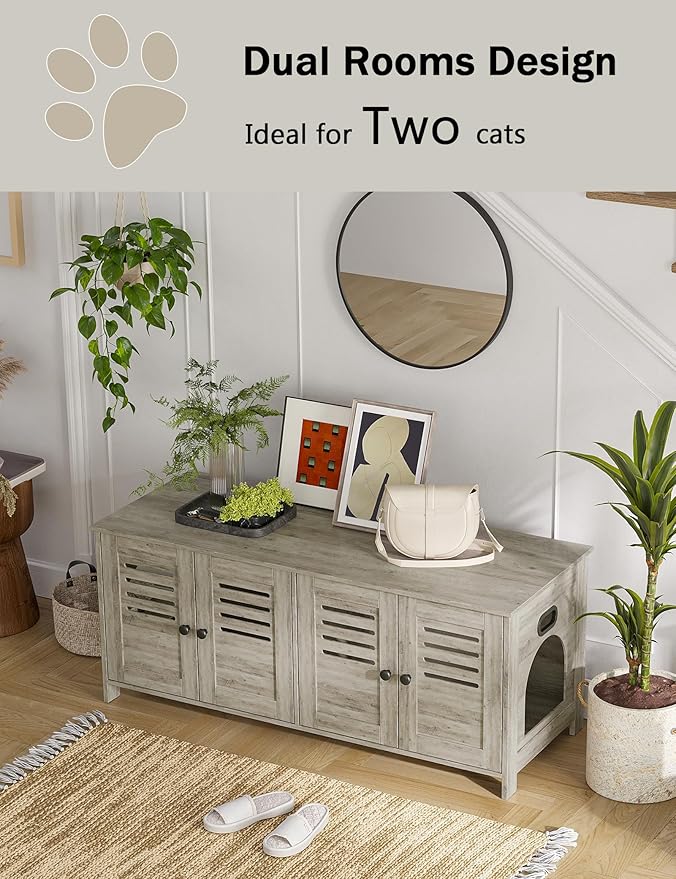 DINZI LVJ Litter Box Enclosure for 2 Cats, Hidden Litter Box Furniture with Double Rooms, Dual Cat Litter House, Front Doors, 47.2" Wooden Hidden Cat Washroom, Side End Table, TV Stand, Gray Wash