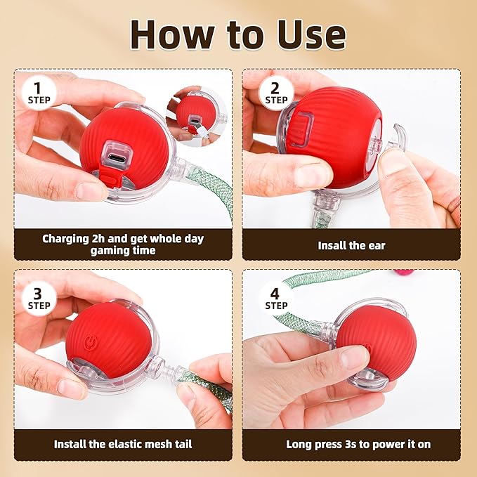 Interactive Cat Toy Ball for Indoor Cats, 2025 New Fast Self Rolling Ball Cat Toy on Carpet, Smart Interactive Automatic Cat Toy Ball for Gifts, Moving Cat Toy with Elastic Mesh Tail(Red)