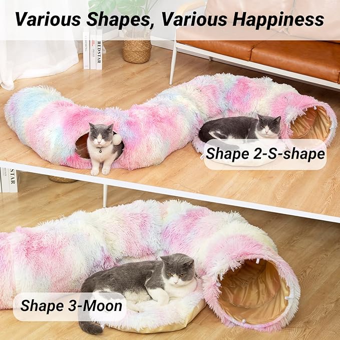 LUCKITTY Warm Fluffy Plush Cat Dog Tunnel Bed with Washable Cushion-Big Tube Playground Toys 3 FT Diameter Longer Crinkle Collapsible 3 Way, for Indoor Cat Kitty Kitten Puppy Rabbit Ferret Rainbow