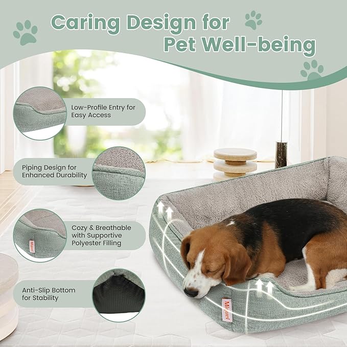 Miguel Faux Linen Dog Bed with Removable Cushion Pillow for Medium Small Dogs, Washable Pet Bed with Side Easy to Wash Puppy Bed, Rectangle Cat Bed for Indoor Cat with Anti-Slip Bottom, Green 25 Inch