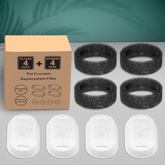 Monsin Cat Water Fountain Filters for Stainless Steel 67oz/2L Adjustable Water Flow Pet Fountain, 4 Pack Pet Replacement Filters with 4 Sponges