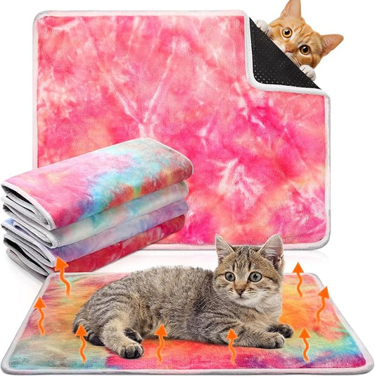 4 Pack Self Heating Cat Bed Cat Self Warming Pad with Removable Cover Extra Warm Thermal Pet Pad Washable Pet Crate Mat Anti Slip Kennel for Indoor Outdoor Pets(Tie Dye,16 x 20 Inches)