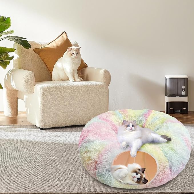 Cat Tunnel Bed with Furry Soft Mat,Cat Donut Tunnels for Indoor Kitten Large Cats to Chase and Play, Peekaboo Tube Cat Cave Toys,Foldable & Easy to Store,Diameter 31.5" (Rainbow Color)