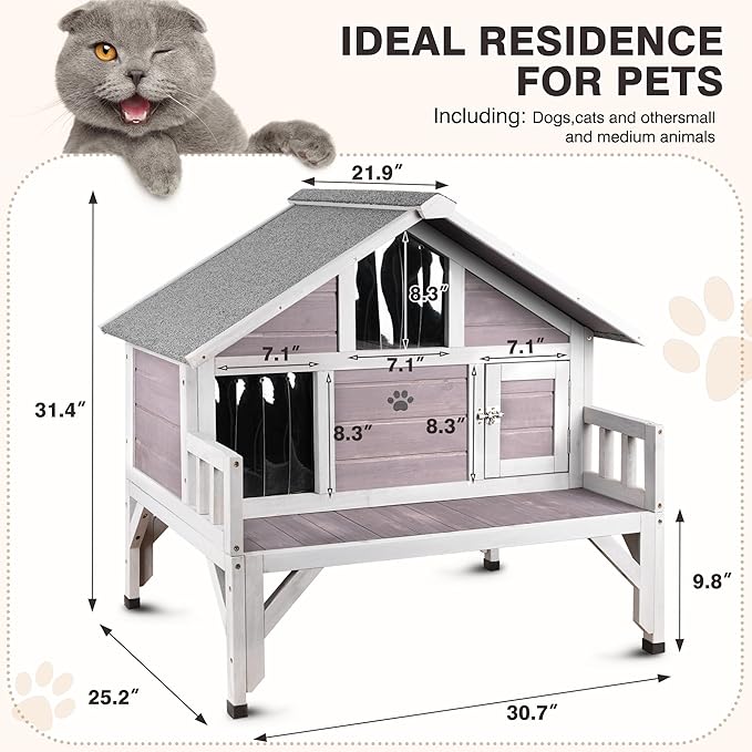 Outdoor Cat House Weatherproof Feral-Cat-Shelter for Winter Large Wooden Pet House for Multiple Cats,with Balcony Escape Doors,Gray