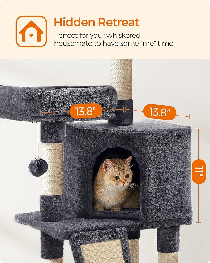 Feandrea Cat Tower, Cat Tree for Indoor Cats, 45.3-Inch Cat Condo with Scratching Post, Ramp, Perch, Spacious Cat Cave, for Kittens, Elderly Cats, Adult Cats, Small Space, Smoky Gray UPCT141G01