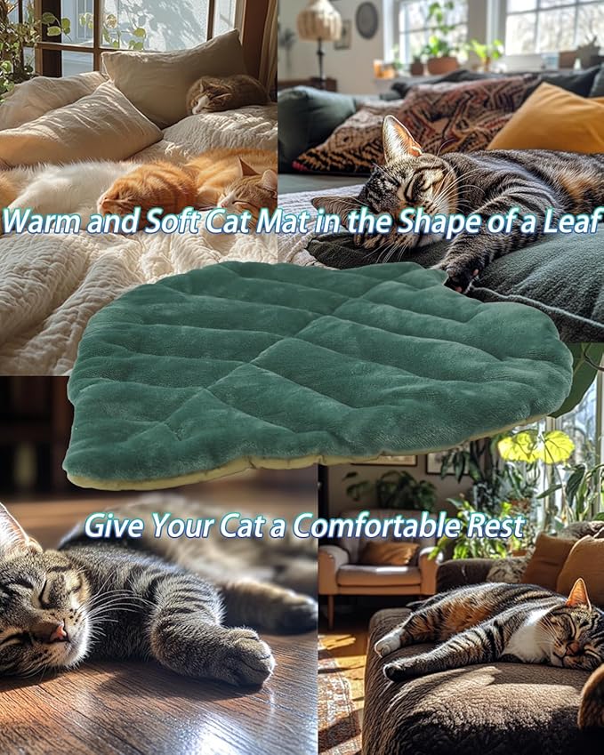 Cat Mat Self Warming Cat Bed 26"x20" Leaf Shaped Cotton Soft Warm Pet Pad Blanket for Indoor Bed Couch Sofa Floors Cat and Dog Warm Mattress (Green)