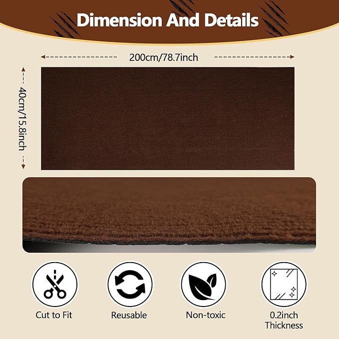 Cat Scratch Furniture Protector, 78.7"x15.8" Self Adhesive Cat Scratch Mat Pad,Cut to Fit DIY Replacement Carpet for Tree,Wall,Bed,Door, Couch Protector (Brown)