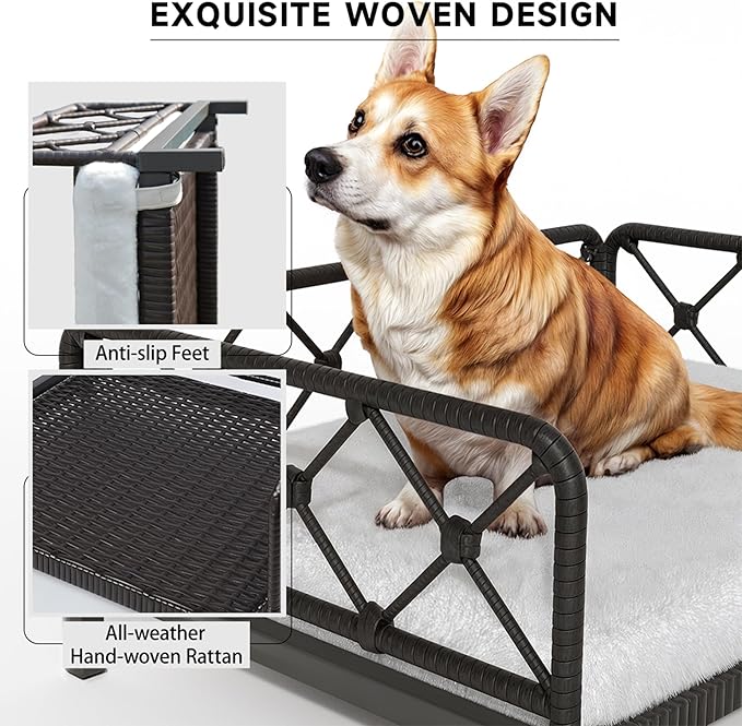 Dog Bed with Cushion, Cooling Elevated Raised Beds with Rattan Breathable Mesh and Universal Mat, Indoor & Outdoor Pet Cots for Small Dog, Black