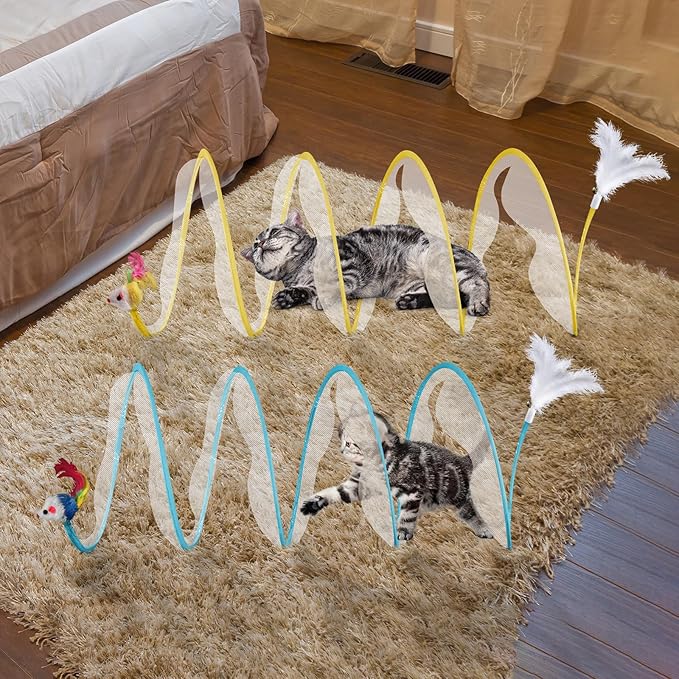 2-Piece Spiral Cat Tubes for Indoor Cats, Large Collapsible Tunnel with Feather Mouse Interactive Toy (Yellow + Blue)