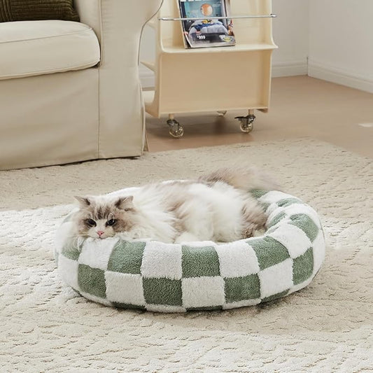 Checkered Cat Dog Bed, Cute Sage Green Retro Style Aesthetic Round Warming Pet Calming Beds for Small Dog and Cats, Plush Cozy Donut Beds Washable, 23" L x 23" W x 8" Th