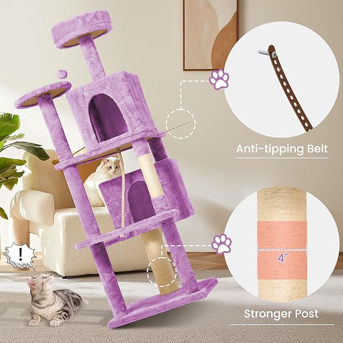 58.5inch Large Cat Tree Tower Condo for Indoor Cats, Soft Plush Multi-Level Climbing Tree Cat House, Scratching Post, More Entrance/Exit, Sisal Rope, Violet Purple
