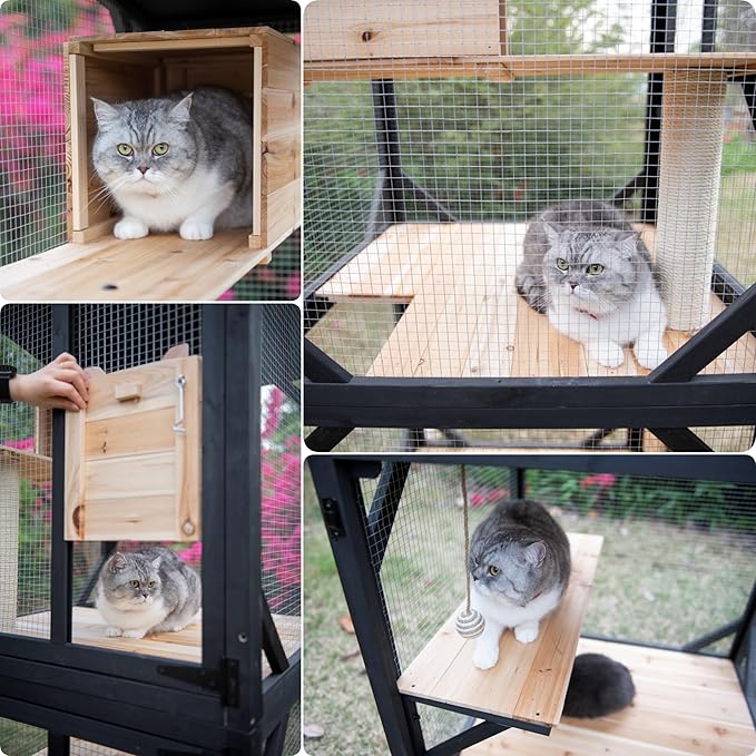 4 Tiers 70.9" H Cat Catio Cat House Outdoor Enclosure Window Large Outside Patio with Removable Floor, Scratching Post Sisal Ball 4 Wheels Waterproof Roof